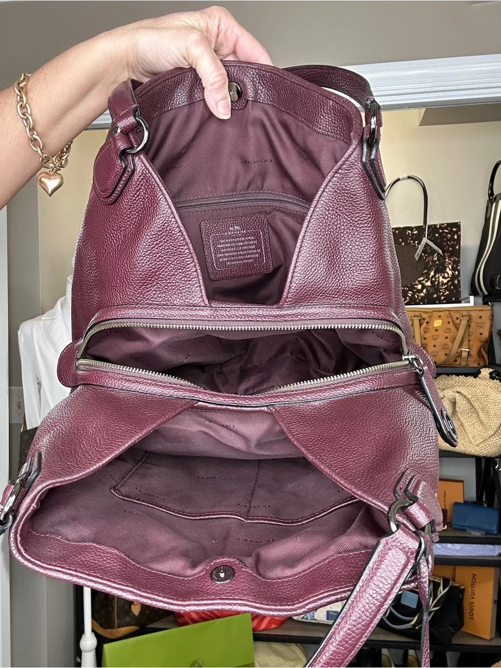 Coach Patchwork Suede & Leather Hobo Shoulder Bag 2016 Burgundy Metallic - Picture 13 of 13